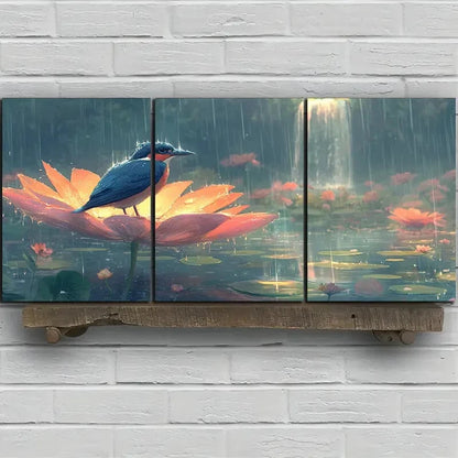 3pcs The bird On The Petals Waterfalls Metal Print Ready to Hang Art