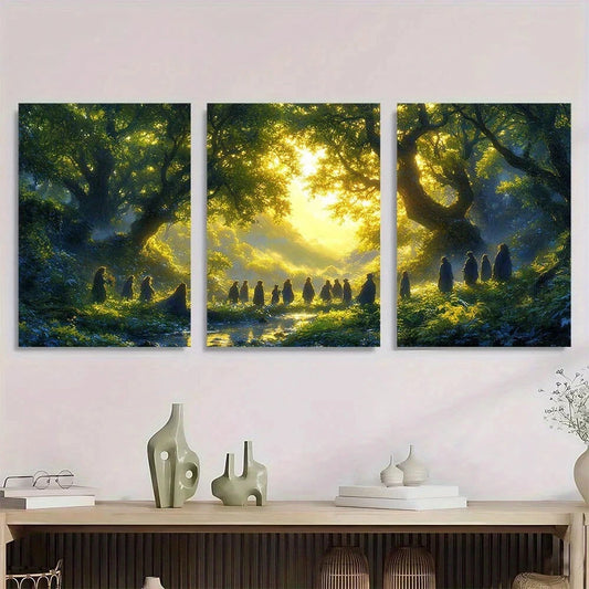 3pcs Sunlit Trees and Silhouetted Figures Metal Print Ready to Hang Art