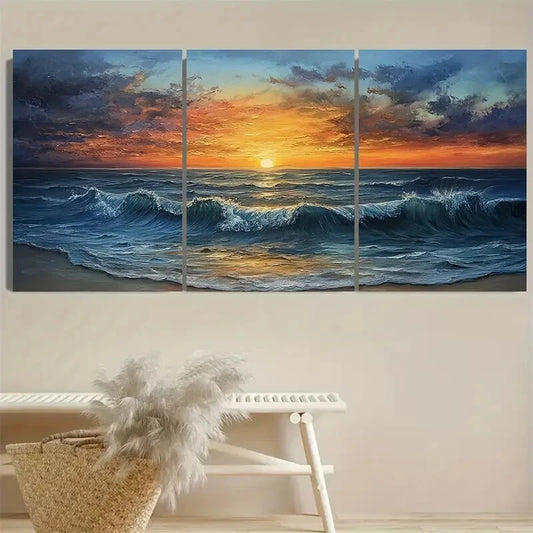 3pcs Serene Coastal Waves Ocean Sunset Beach Metal Print Ready to Hang Art