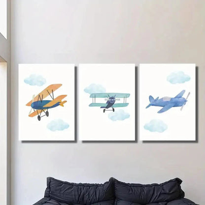 3pcs Retro Cartoon Plane Prints Metal Print Ready to Hang Art