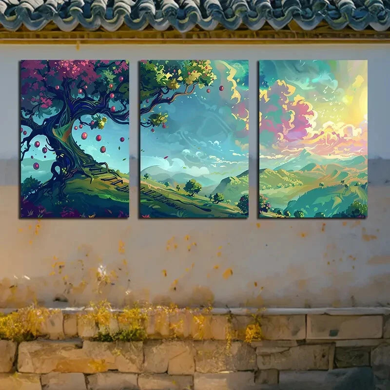 3pcs Orchard Landscape Vibrant Nature Scenes Metal Print Ready to Hang Art