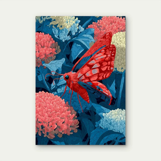 Japanese Floral Abstract Red Butterfly & Blue Flower Metal Print Ready to Hang