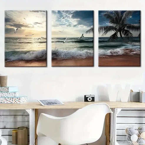 3pcs Beach Sunset Seagulls Décor Wall Art Canvas Unframed - High Quality Print 100% Australian Made Wall Canvas