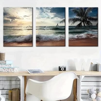 3pcs Beach Sunset Seagulls Décor Wall Art Canvas Unframed - High Quality Print 100% Australian Made Wall Canvas