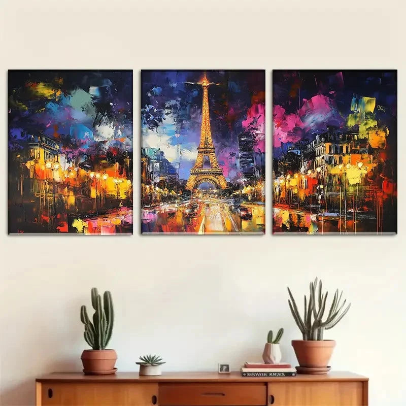 3pcs Eiffel Tower Abstract Night Scene Paintings Metal Print Ready to Hang Art
