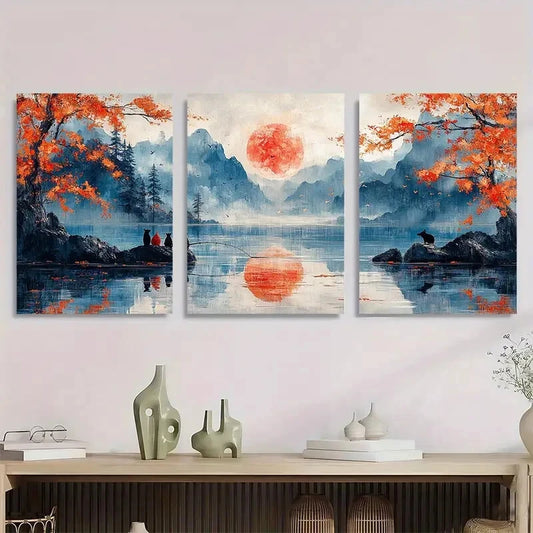 3pcs Cats and Dogs Fishing Nature Scenery Metal Print Ready to Hang Art