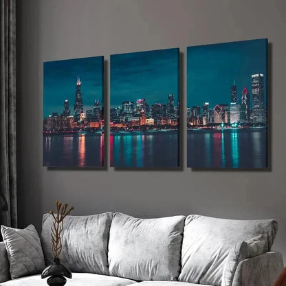 3pcs Night City with Reflective Skyscrapers Wall Art Set Canvas Framed 40x60cm - High Quality Print 100% Australian Made Wall Canvas Ready to Hang