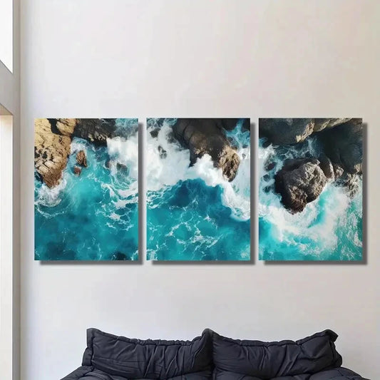 3pcs Vibrant Blue Ocean Waves Seaside Scenery Metal Print Ready to Hang Art