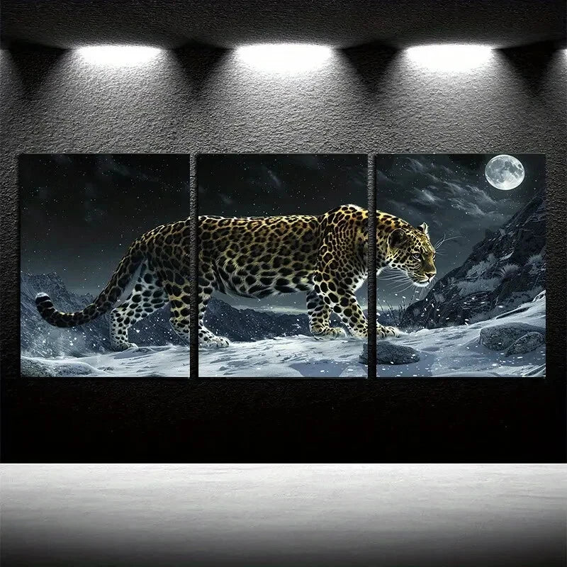 3pcs Leopard on the Mountain with Moon View Scene Metal Print Ready to Hang Art
