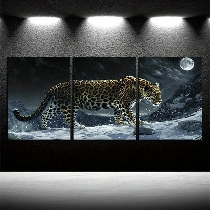 3pcs Leopard on the Mountain with Moon View Scene Metal Print Ready to Hang Art