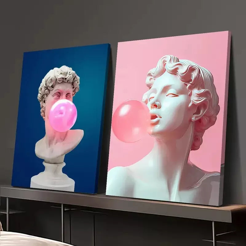 2pcs Whimsical David Bust & Pink Gum Bubbles Design Canvas Framed 50x75cm - High Quality Print 100% Australian Made Wall Canvas Ready to Hang