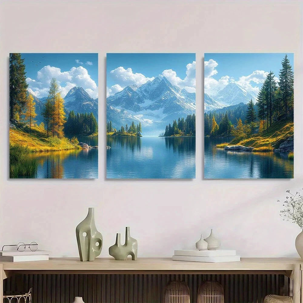 3pcs Snow Capped Mountains Forests and Lakes Metal Print Ready to Hang Art
