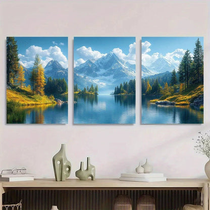 3pcs Snow Capped Mountains Forests and Lakes Metal Print Ready to Hang Art