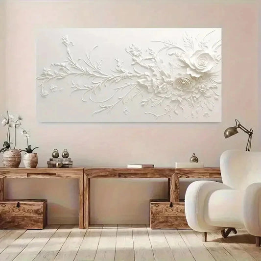 Calm Abstract White Flower wall canvas office home room framed 120x60cm - Bella Home Decor