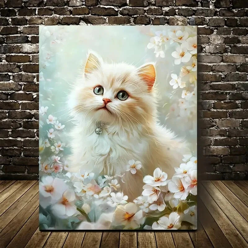 Cute Persian Cat Kitten with Flowers Painting 40x60cm Metal Print Ready to Hang