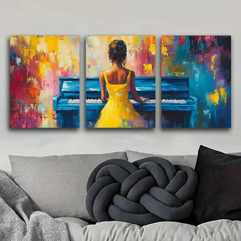 3pcs Piano Player Girl Yellow Beauty Perfect Wall Art Set Canvas Unframed - High Quality Print 100% Australian Made Wall Canvas