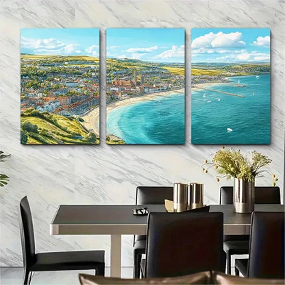 3pcs Vibrant Dorset Coast Scene with Beach Metal Print Ready to Hang Art