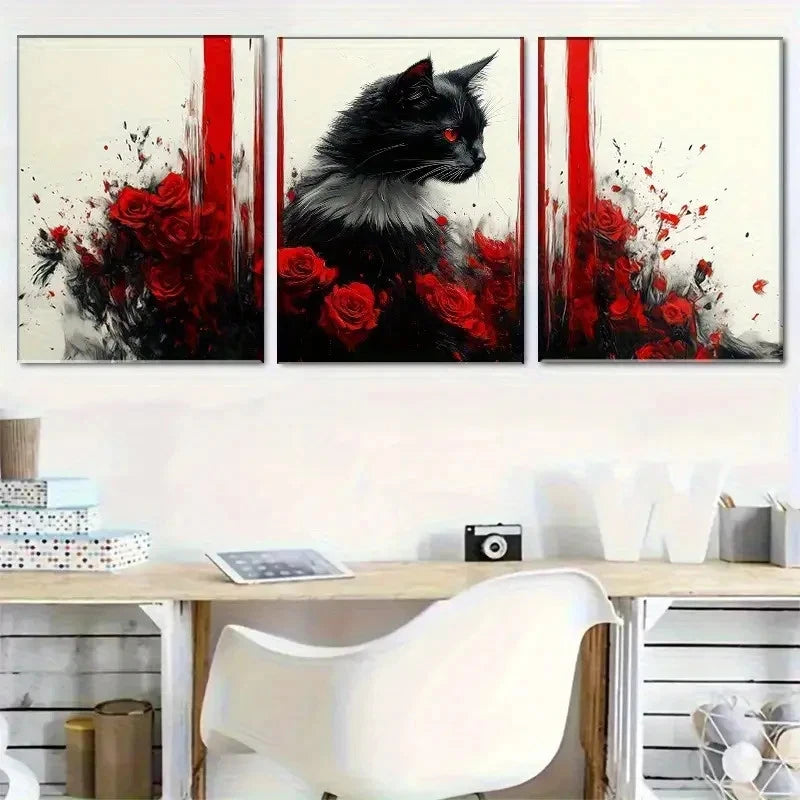 3pcs Eye-Catching Black Cat in Red Rose Metal Print Ready to Hang Art