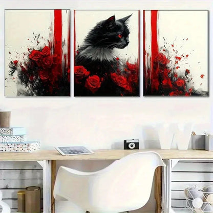 3pcs Eye-Catching Black Cat in Red Rose Metal Print Ready to Hang Art