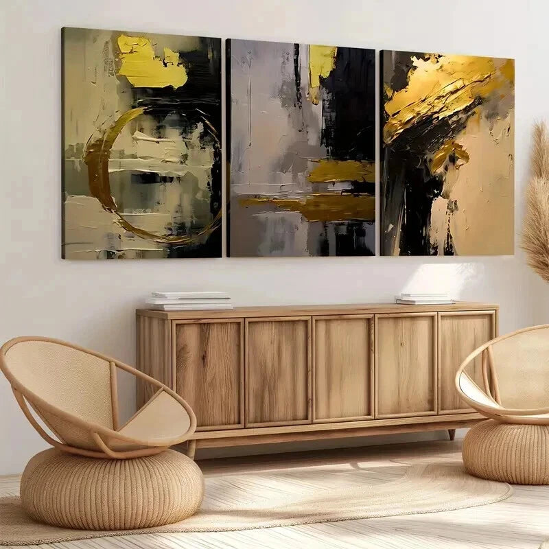 3pcs Golden and Black Abstract Oil Painting Wall Art Set Canvas Framed 50x70cm - High Quality Print 100% Australian Made Wall Canvas Ready to Hang