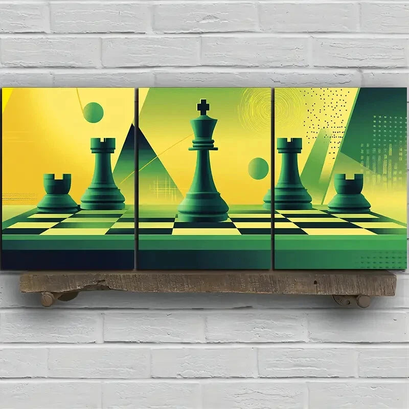 3pcs Green Chess Themed Game Yellow Metal Print Ready to Hang Art
