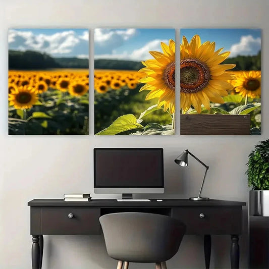 3pcs Vibrant Blooming Sunflower Field Nature Metal Print Ready to Hang Art