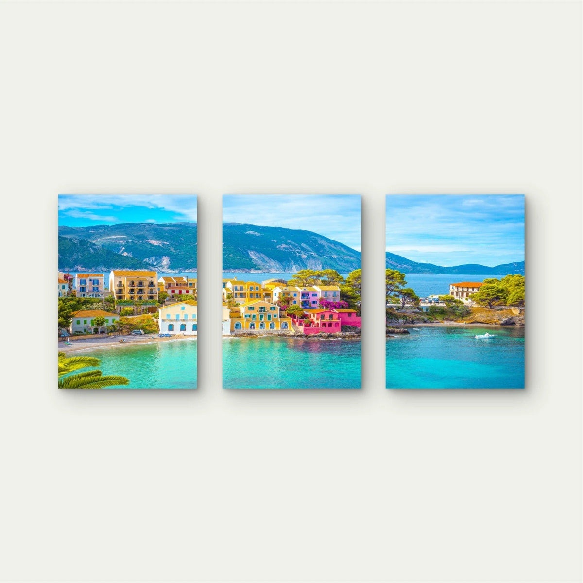 3pcs Colorful Assos Village on Kefalonia Wall Art Set Canvas Framed 40x60cm - High Quality Print 100% Australian Made Wall Canvas Ready to Hang
