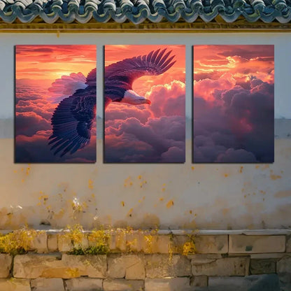 3pcs Eagles Soar in Amber Cumulus Clouds Metal Print Ready to Hang Art