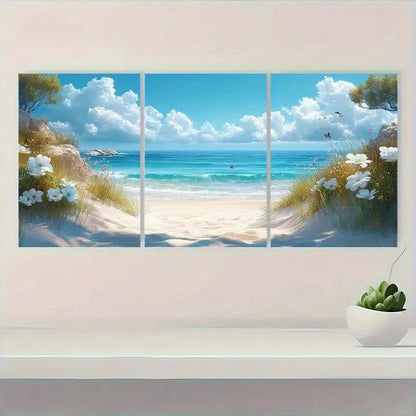 3pcs Vibrant Coastal Scene with White Flowers Metal Print Ready to Hang Art