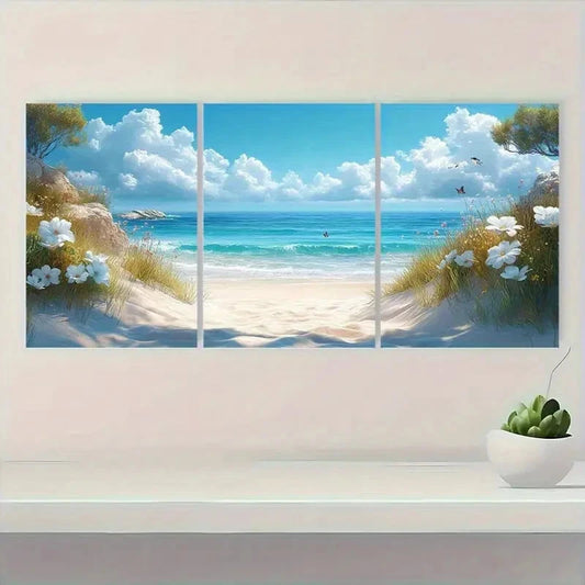 3pcs Vibrant Coastal Scene with White Flowers Metal Print Ready to Hang Art