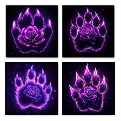 4pcsPurple Rose & Neon Pink Bear ClawWall Art Canvas Framed