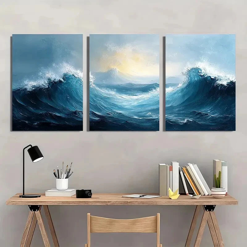 3pcs Blue and White Abstract Painting Metal Print Ready to Hang Art
