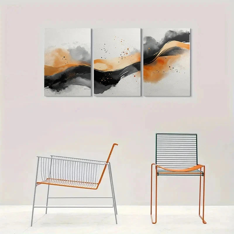 3pcs Modern Abstract Black White Orange Waves Metal Print Ready to Hang Art