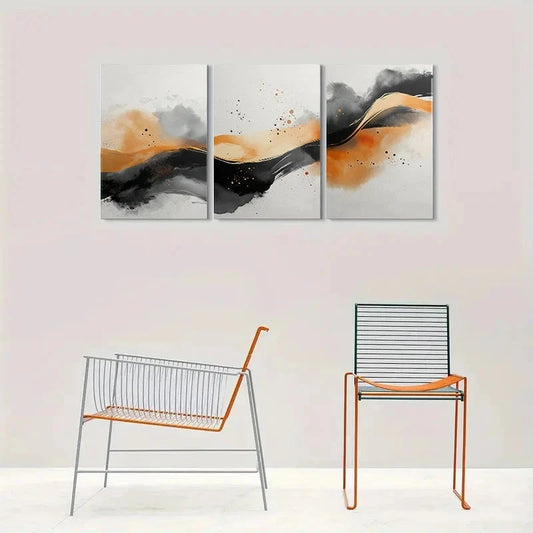3pcs Modern Abstract Black White Orange Waves Metal Print Ready to Hang Art