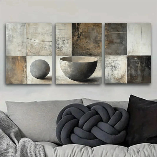 3pcs Monochrome Geometric and Bowl Metal Print Ready to Hang Art
