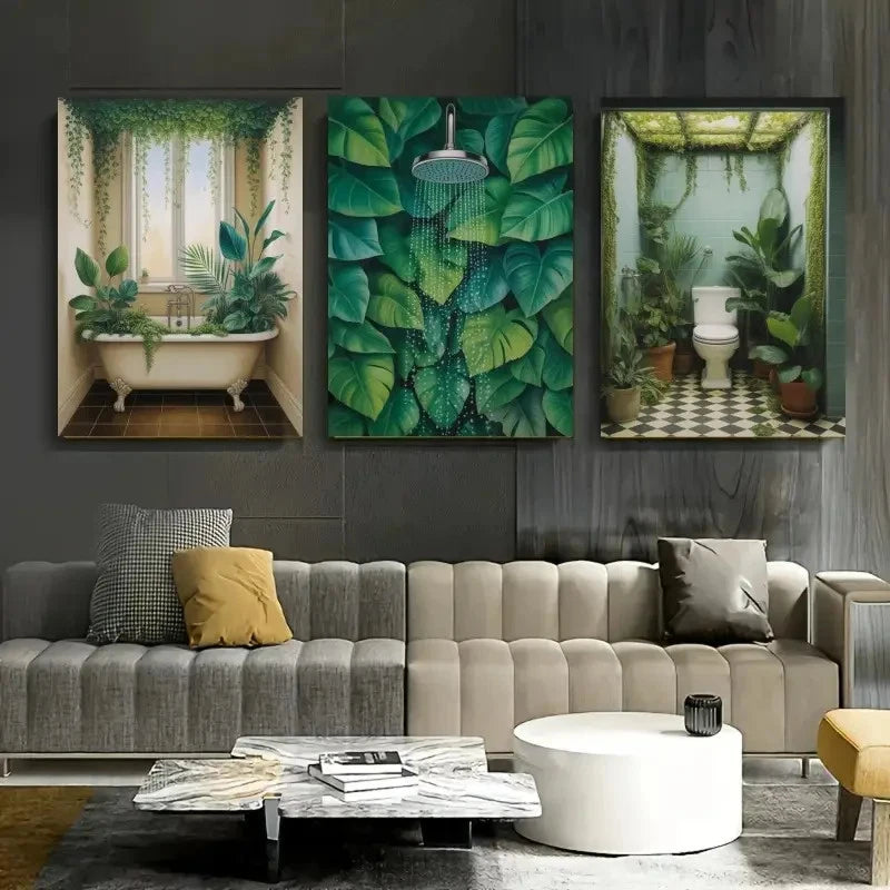 3pcs Bathroom Scenes with Shower Bathtub Metal Print Ready to Hang Art