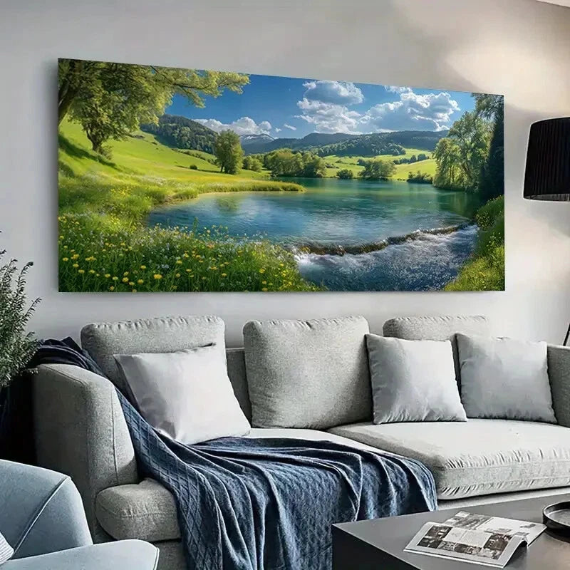 Serene Lake Lush Hills Sky  wall canvas office home room framed 120x60cm