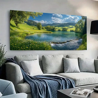 Serene Lake Lush Hills Sky  wall canvas office home room framed 120x60cm