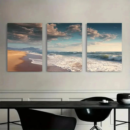 3pcs Coastal Scenes with Golden Sand Cloud Sky Metal Print Ready to Hang Art