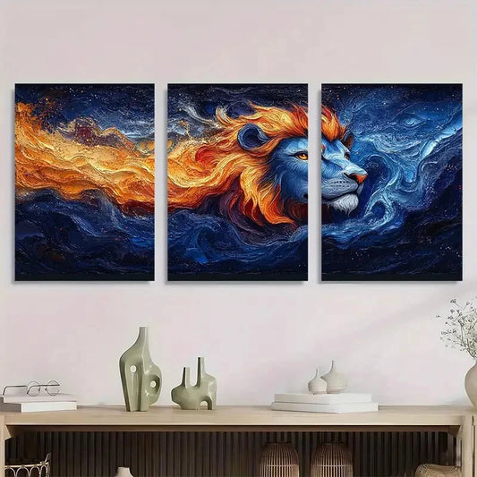 3pcs Modern Abstract Lion Themed Metal Print Ready to Hang Art