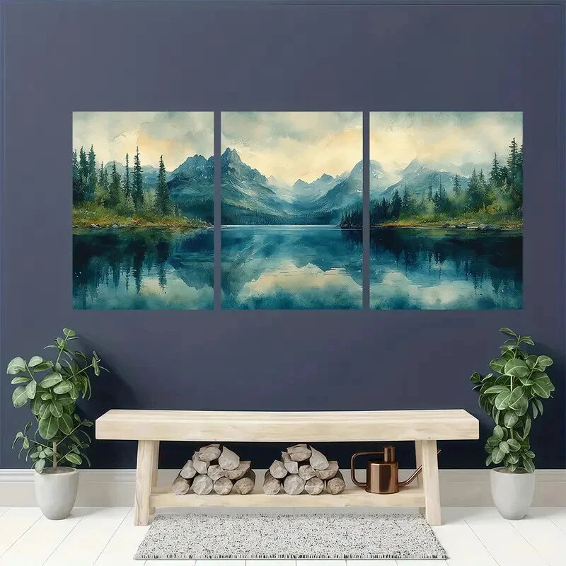 3pcs Mountain Lake Watercolor Glacier Park Metal Print Ready to Hang Art