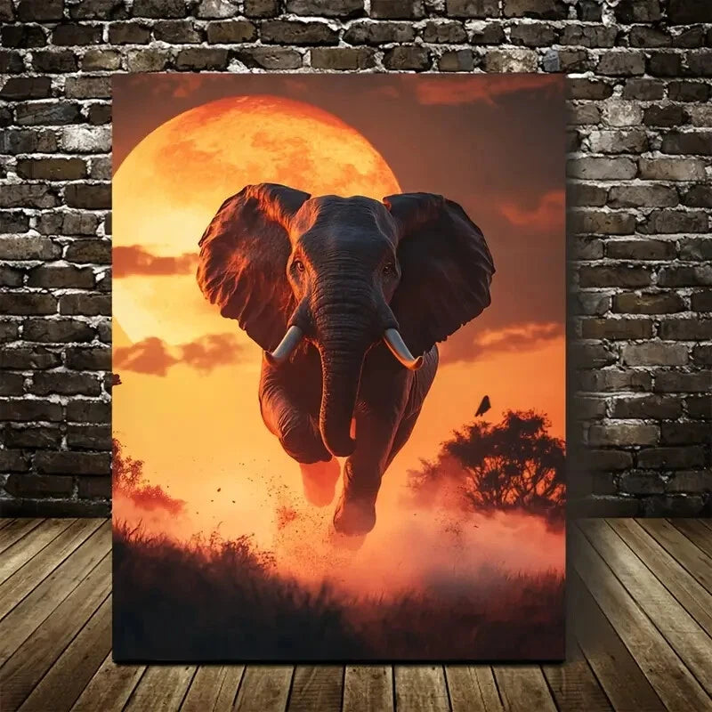 Cyberpunk Elephant Sunset Scene Vibrant Painting 40x60cm Metal Print Ready to Hang