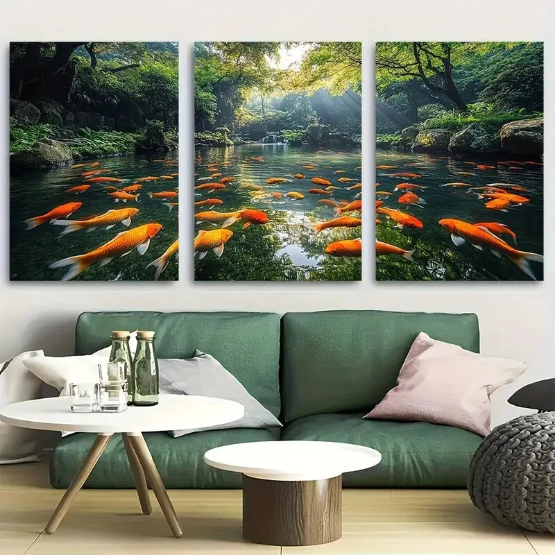 3pcs Japanese Zen Garden Sunlit Koi Pond Metal Print Ready to Hang Art