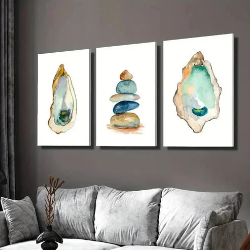 3pcs Balancing Zen Stones Ocean Oyster Wall Art Set Canvas Unframed - High Quality Print 100% Australian Made Wall Canvas