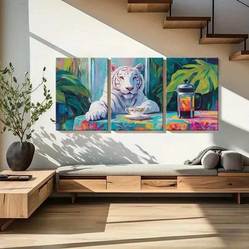 3pcs White Tiger with Teacup & French Press Metal Print Ready to Hang Art