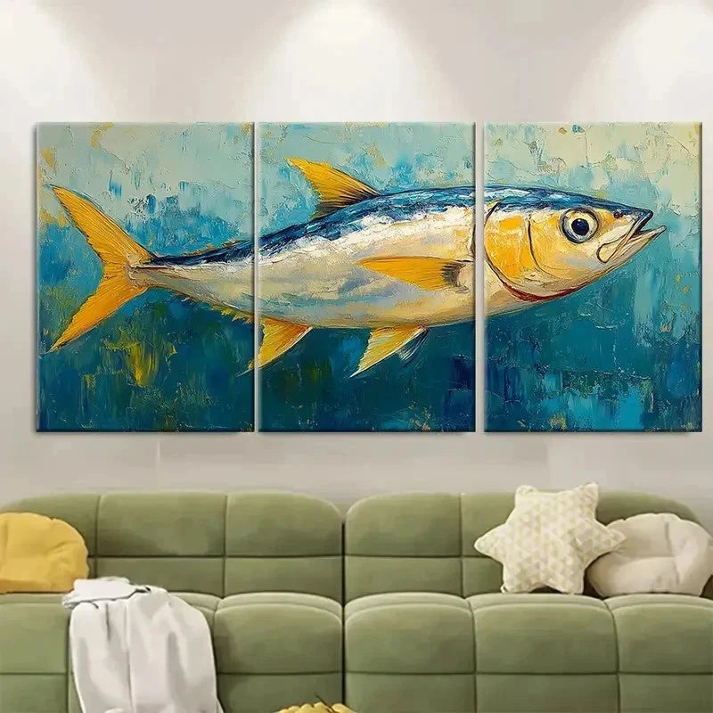 3pcs Modern Oceanic Sardine Fish Paintings Wall Art Set Canvas Framed 50x70cm - High Quality Print 100% Australian Made Wall Canvas Ready to Hang