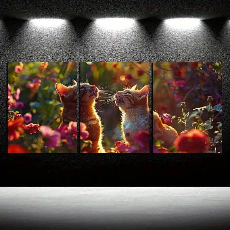 3pcs Whimsical Garden Cats Playful Feline Floral Metal Print Ready to Hang Art