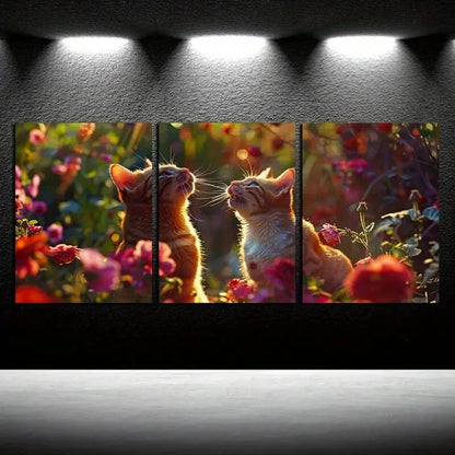 3pcs Whimsical Garden Cats Playful Feline Floral Metal Print Ready to Hang Art