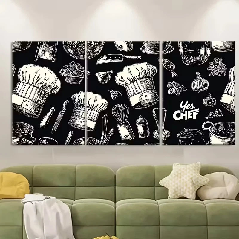 3pcs Chef Hats, Spatulas & Utensils Design Metal Print Ready to Hang Art