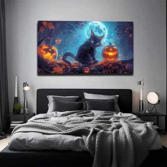 Minimalist Black Cat & Pumpkin Wall Art Canvas Office Home Room Framed 120x60cm